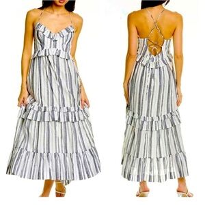 cinq a sept Striped Backless Ruffle Maxi Dress in White and Black